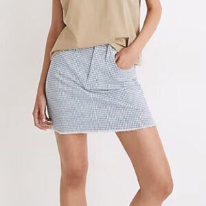 Madewell Stretch Straight Mini Skirt Gingham‎ Blue White Check Raw Hem Skirt 28